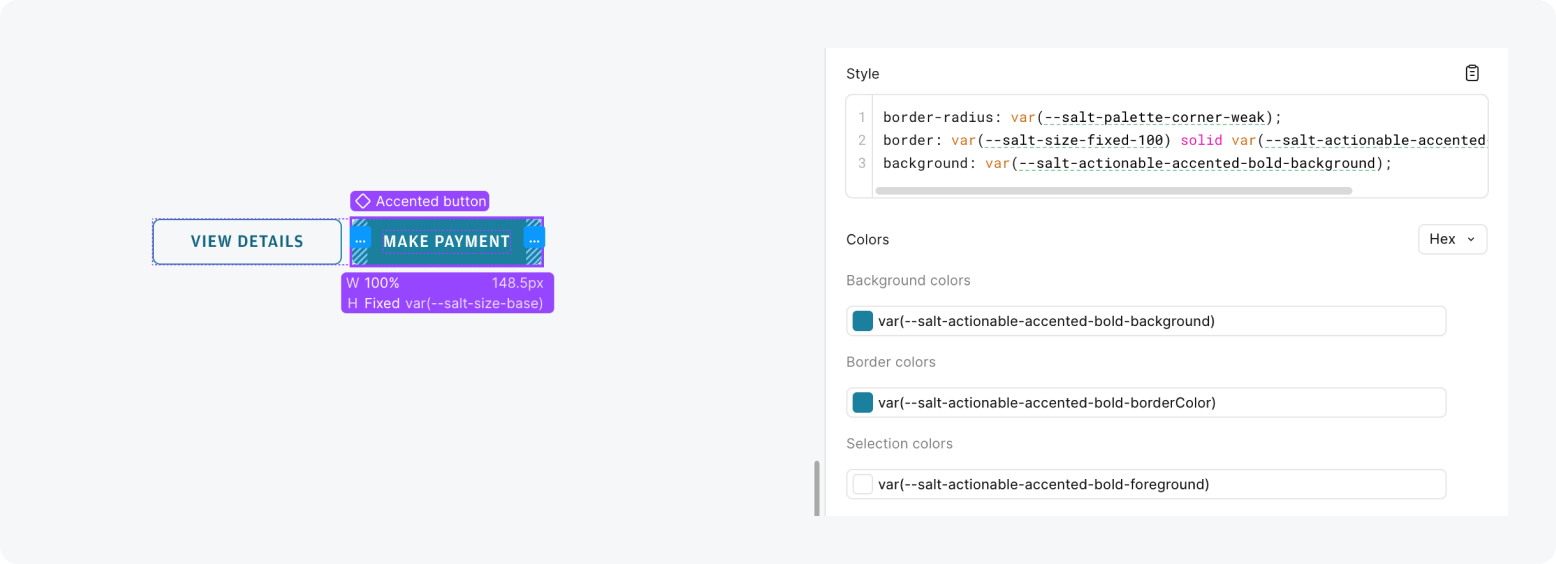 A screenshot showing Figma dev mode usage with Salt's button component.